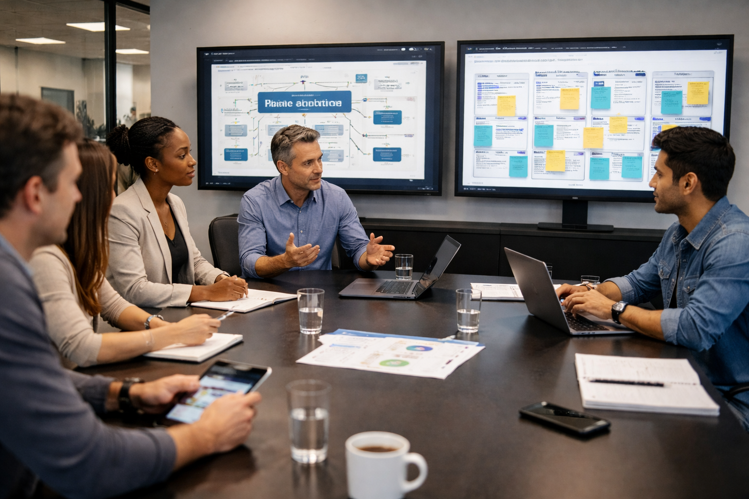 Engineering and executive team reviewing architecture and business strategy in a boardroom.